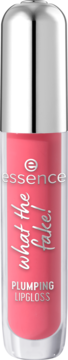 essence What The Fake! PLUMPING LIPGLOSS, różowy błyszczyk w przezroczystej tubce, srebrna nakrętka, widok z przodu.