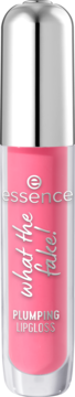 Różowy błyszczyk Essence What The Fake! Plumping Lipgloss w przezroczystej tubce ze srebrną zakrętką, widok z przodu.
