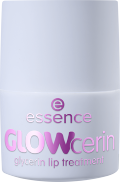 Białe cylindryczne opakowanie essence GLOWcerin glycerin lip treatment z różowym logo, widok z przodu.