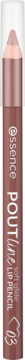 essence POUTline soft glide 03 Bare Affair, brązowo-nude drewniana kredka do ust, z widoczną końcówką.