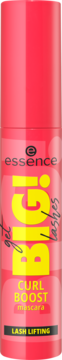 Różowy tusz essence BIGI CURL BOOST mascara z żółtymi napisami, widok z przodu, podkreślający efekt lash lifting.