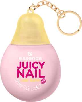 Różowy essence JUICY NAIL nail balm z żółtą nakrętką, złotym breloczkiem, malinowa pielęgnacja, widok z przodu.
