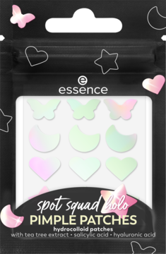 Czarne opakowanie Essence Pimple Patches holo, 12 hydrokoloidowych plastrów w kształcie motyli, serc, księżyców.