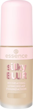 Essence Silky Blur Hydrating Longwear Foundation, beżowa butelka z różową nakrętką i błyszczącym napisem, widok z przodu.