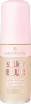 essence silky blur hydrating longwear foundation w beżowej butelce z różową nakrętką, widok z przodu.