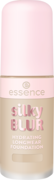 Butelka podkładu Essence Silky Blur Hydrating Longwear Foundation w beżowym kolorze, z różową nakrętką i metalicznym napisem, widok z przodu.