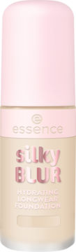 Essence Silky Blur Hydrating Longwear Foundation w beżowej butelce z różową nakrętką i metalicznym napisem, widok z przodu.