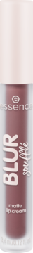 Essence Blur + Mattify Matte Lip Cream in a dusty rose tube with a light nude cap, front view.