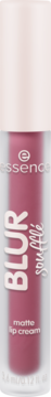 Różowa matowa pomadka essence Blur Lip Cream w przezroczystej tubce, widok z przodu z logo i nazwą.