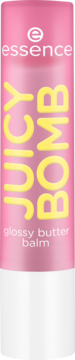 Różowy balsam do ust Essence JUICY BOMB, z żółtym napisem, widok z przodu, na białej podstawie.