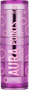 Fioletowa pomadka Essence AURA POINTS Colour Changing Lipstick, metaliczna tuba z różowymi napisami i wzorem kółek, widok z przodu.