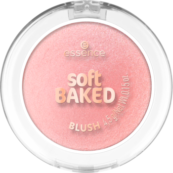 Jasnoróżowy wypiekany róż Essence Soft Baked Blush w białym okrągłym opakowaniu, widok z góry.