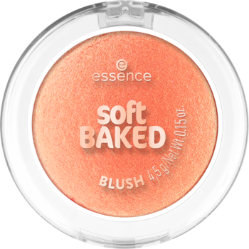Essence Soft Baked Blush, brzoskwiniowy róż do policzków w okrągłym kompakcie, widok z góry.