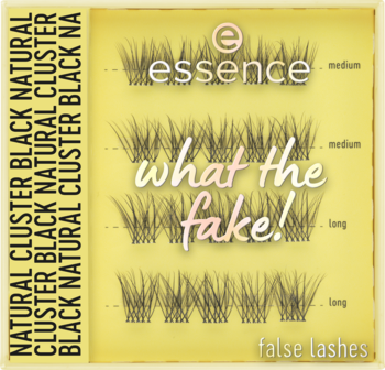 Yellow display for Essence What the Fake! natural black cluster false lashes, showing medium & long lengths.