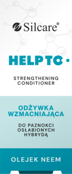 Silcare HELP TO Strengthening Conditioner, biało-turkusowe opakowanie, widok z przodu, z olejkiem Neem.