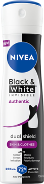 Nivea Black & White Invisible Authentic 72h spray antyperspirant, biało-czarna butelka, ochrona skóry i ubrań.