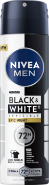Antyperspirant NIVEA MEN Black & White Invisible Epic Night w czarno-białym sprayu, 72H ochrony.