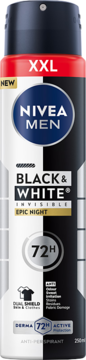 Nivea Men Black & White Invisible Epic Night XXL antyperspirant, 72h ochrona przeciw plamom, widok z przodu.