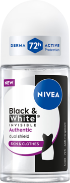 Nivea Black & White Invisible Authentic dual shield 72h roll-on w przezroczystej butelce, widok z przodu.
