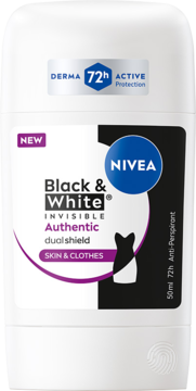 Antyperspirant Nivea Black & White Invisible 72h w białym sztyfcie, widok frontalny, z fioletową etykietą.