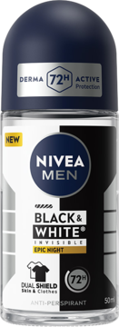 NIVEA MEN Black & White Invisible Epic Night 72h antyperspirant roll-on, butelka z niebieską nakrętką i biało-czarną etykietą.