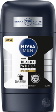 Czarny antyperspirant NIVEA MEN Black & White Invisible Epic Night 50ml, widok z przodu, 72h ochrona.
