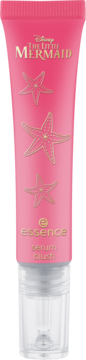 Różowy Essence serum blush w tubce z grafiką Disney The Little Mermaid i złotymi rozgwiazdami, widok z przodu.