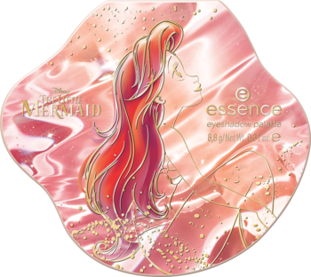 Paleta cieni essence The Little Mermaid Mysticize, nieregularna, z Ariel, w odcieniach różu i złota, z brokatem.