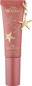 Różowy błyszczyk Essence Disney The Little Mermaid, peptide shimmer, z grafiką rozgwiazd i złotą zawieszką, widok z przodu.