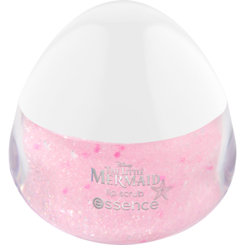 Różowy, brokatowy peeling do ust Essence The Little Mermaid w kulistym słoiczku z białą nakrętką, widok z przodu.
