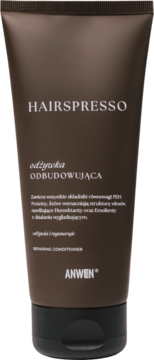 Anwen Hairsspresso Odżywka Odbudowująca do włosów o zapachu kawy, brązowa tubka z napisami, widok z przodu.