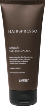 Brązowa tubka odżywki nabłyszczającej ANWEN HAIRSPRESSO Anti-Frizz, widok z przodu z białym tekstem.