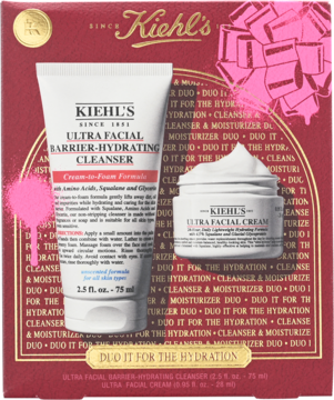 Kiehl's Duo It For The Hydration w czerwonym pudełku z logo, biały cleanser 75 ml i krem 28 ml, widok z przodu.