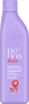 Fioletowy szampon dla dzieci Ne Boa Kids o zapachu truskawkowej gumy balonowej. Widok z przodu, z czerwoną ośmiornicą.