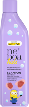 Fioletowy szampon Neboa Kids truskawkowa guma balonowa, butelka z Minionkiem i truskawkami, widok z przodu.