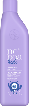 Szampon Ne Boa Kids Jagodowa Muffinka w fioletowej butelce, do każdego rodzaju włosów, z potworkiem, widok z przodu.