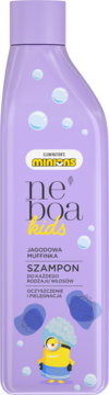 Fioletowy szampon Neboa Kids Jagodowa Muffinka, butelka z grafiką Minionka, widok z przodu.