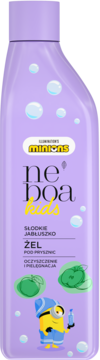 Neboa Kids Minions Słodkie Jabłuszko żel pod prysznic, fioletowa butelka z Minionkiem, jabłkami, widok z przodu.