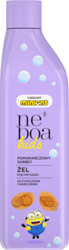 Fioletowy żel pod prysznic Neboa Kids Pomarańczowy Sorbet z Minionkiem, widok z przodu, oczyszcza i nawilża.
