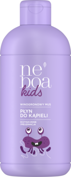 Fioletowy płyn do kąpieli Neboa Kids Winogronowy Mus, z przodu butelki wesoły fioletowy potworek.