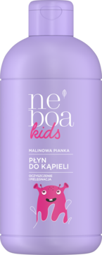 Widok z przodu fioletowej butelki płynu do kąpieli Neboa Kids Malinowa Pianka z różowym potworkiem.