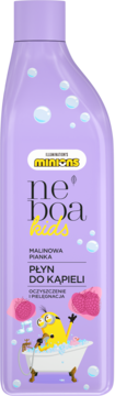 Fioletowy płyn do kąpieli Neboa Kids Malinowa Pianka z Minionkiem w wannie, widok z przodu.