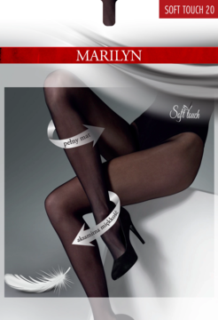 Półkryjące czarne rajstopy Marilyn Soft Touch 20 DEN z mikrofibry, matowe, na nogach modelki.