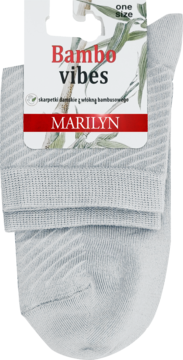 Jasnoszare skarpety damskie Marilyn Bambo Vibes, złożone, z metką i rysunkiem bambusa. Widok z przodu.
