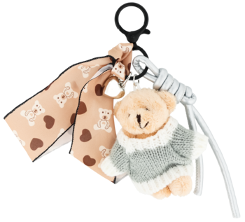 Eloy brelok wzór5: pluszowy miś w szarym sweterku i beżowa sakiewka z misiami, na karabińczyku.