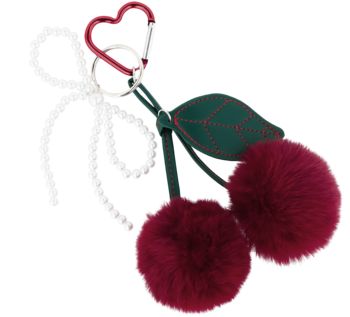 Eloy brelok wzór8: puszyste bordowe pompony wiśni z zielonymi listkami i białymi, sercowymi zawieszkami.
