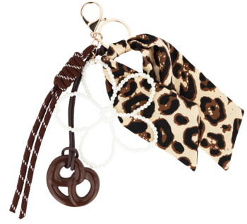 Eloy brelok wzór10: brązowy pleciony sznurek, leopard print, koraliki i metal z turkusem, brązowy precel.