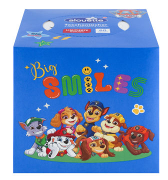 Niebieskie pudełko chusteczek Alouette z bohaterami Psi Patrol, napis Big Smiles, widok z przodu.