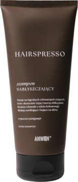 Anwen Hairspresso szampon nabłyszczający w brązowej tubce z czarną nakrętką, widok z przodu, zapach kawy.