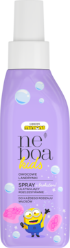 Fioletowy spray Neboa Kids do włosów, mieniący się, o zapachu owocowych landrynek, z Minionkiem. Widok z przodu.